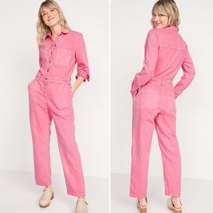 Long-Sleeve Cropped Jean Utility Jumpsuit for Women